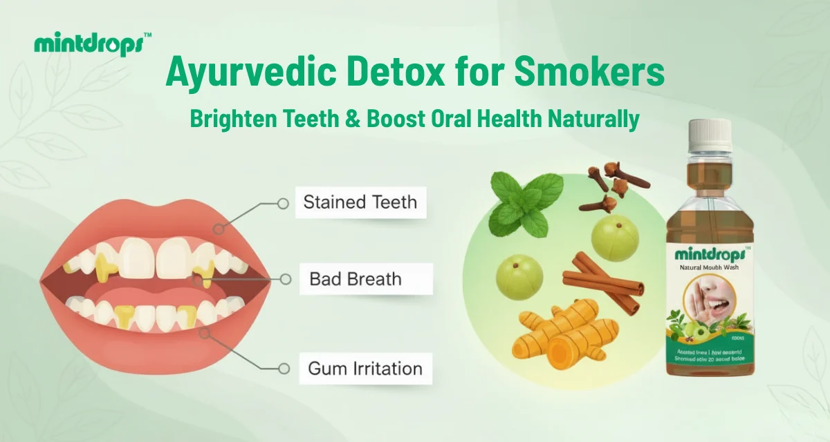 An infographic showing Ayurvedic oral health remedies, natural ingredients, and Mintdrops Natural Mouthwash for a brighter smile.