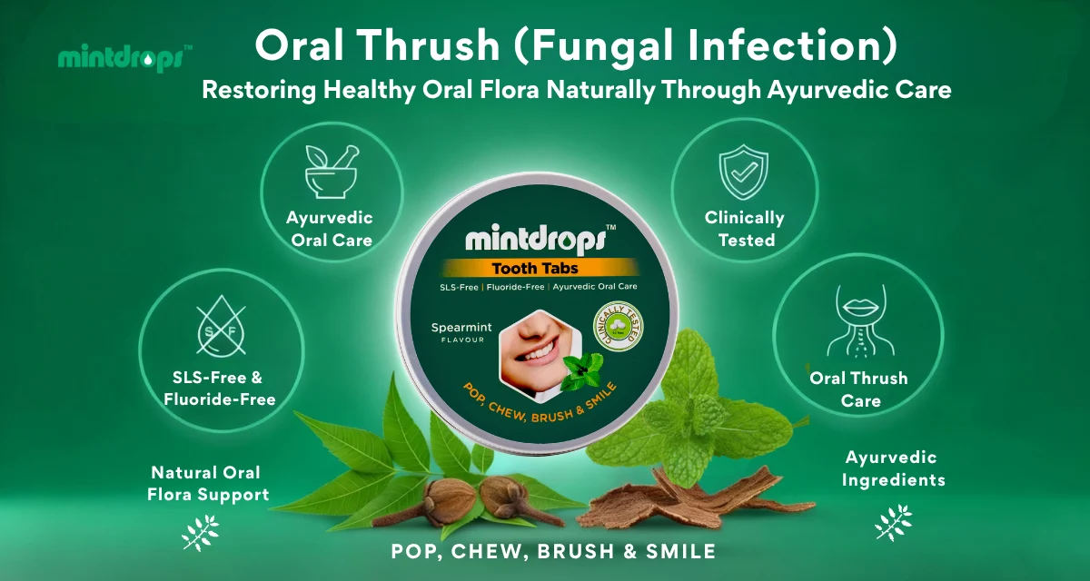 Infographic explaining Ayurvedic care for oral thrush and natural oral flora restoration
